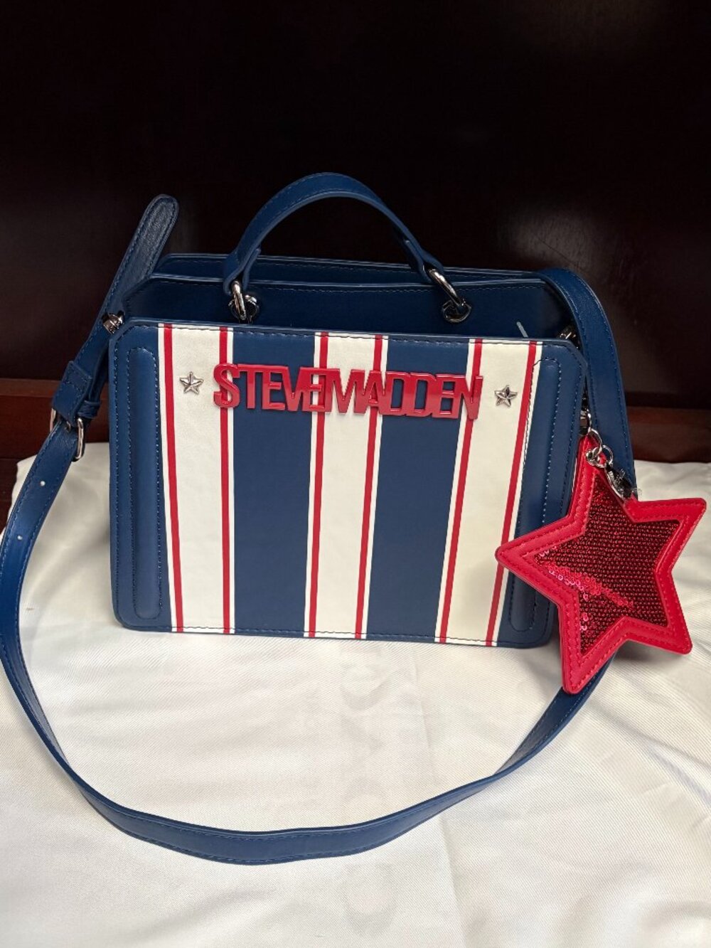 STEVE MADDEN Striped Satchel with Red Sequin Star Charm